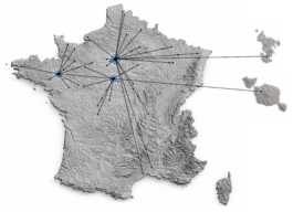 Carte des implantations de 1090 Architectes en France, avec agences à Paris, Rennes et Orléans. 